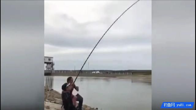 獨腳哥釣魚，被魚給拖著倒在地上，依舊要把魚釣上來