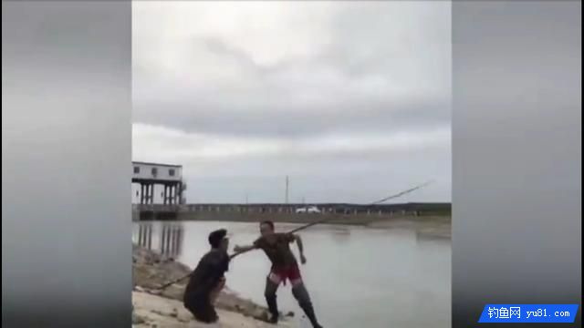 獨腳哥釣魚，被魚給拖著倒在地上，依舊要把魚釣上來