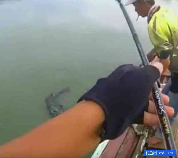 男子乘船在河中釣魚釣獲碩大“魚王”
